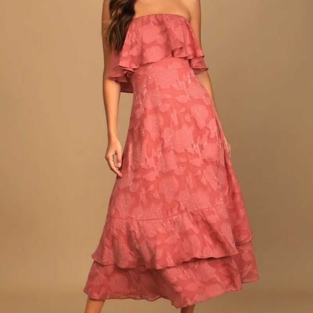 Lulu's Women's Pink Floral Strapless Bohemian Boho Midi Dress. Size M
